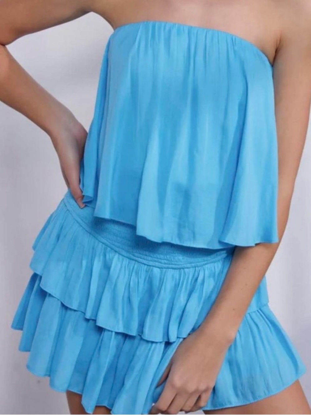 Bright Blue Strapless Ruffle Mini romper